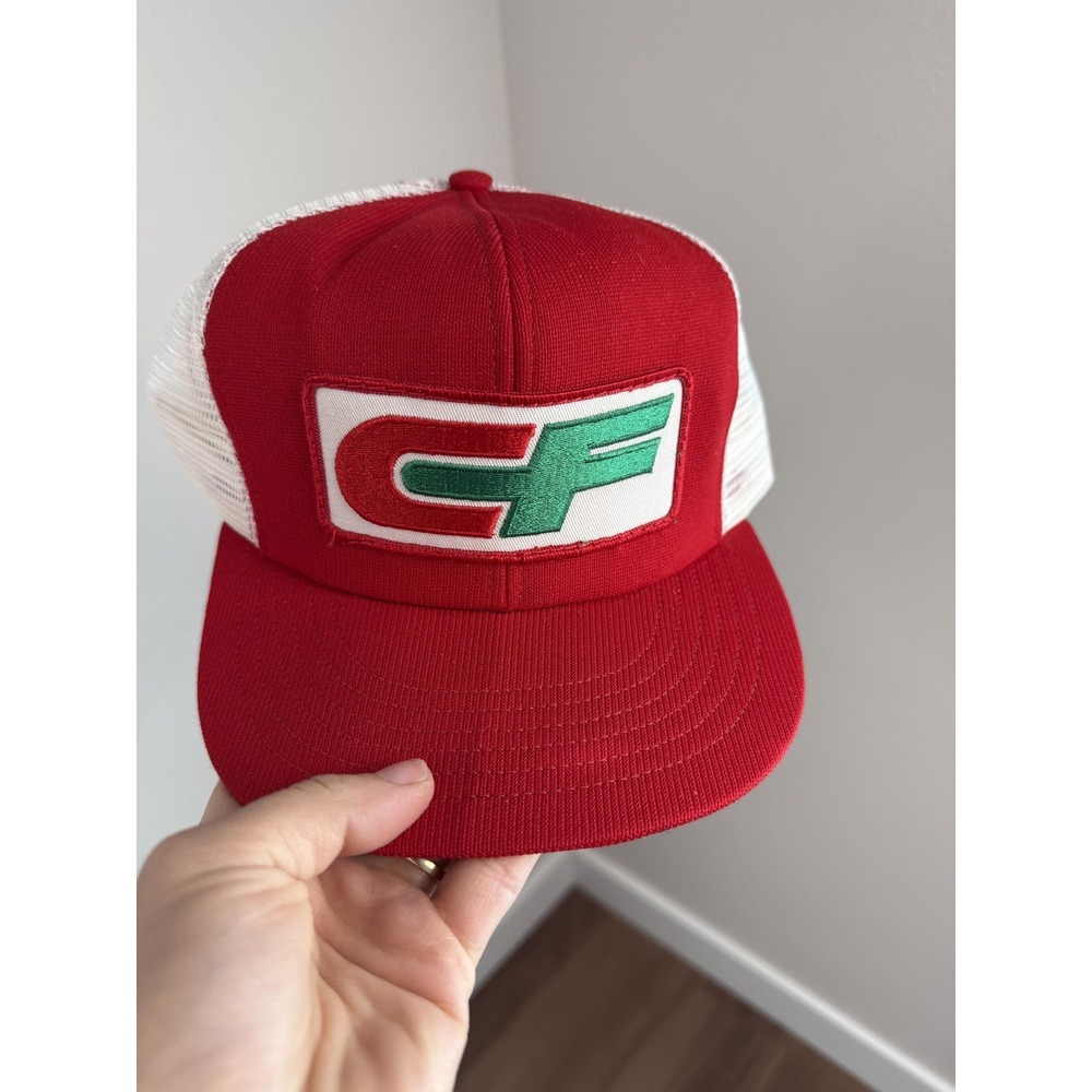 Vintage CF Hat Cap Snap Back Mens One Size Red Mesh Trucker Patch Logo 80s